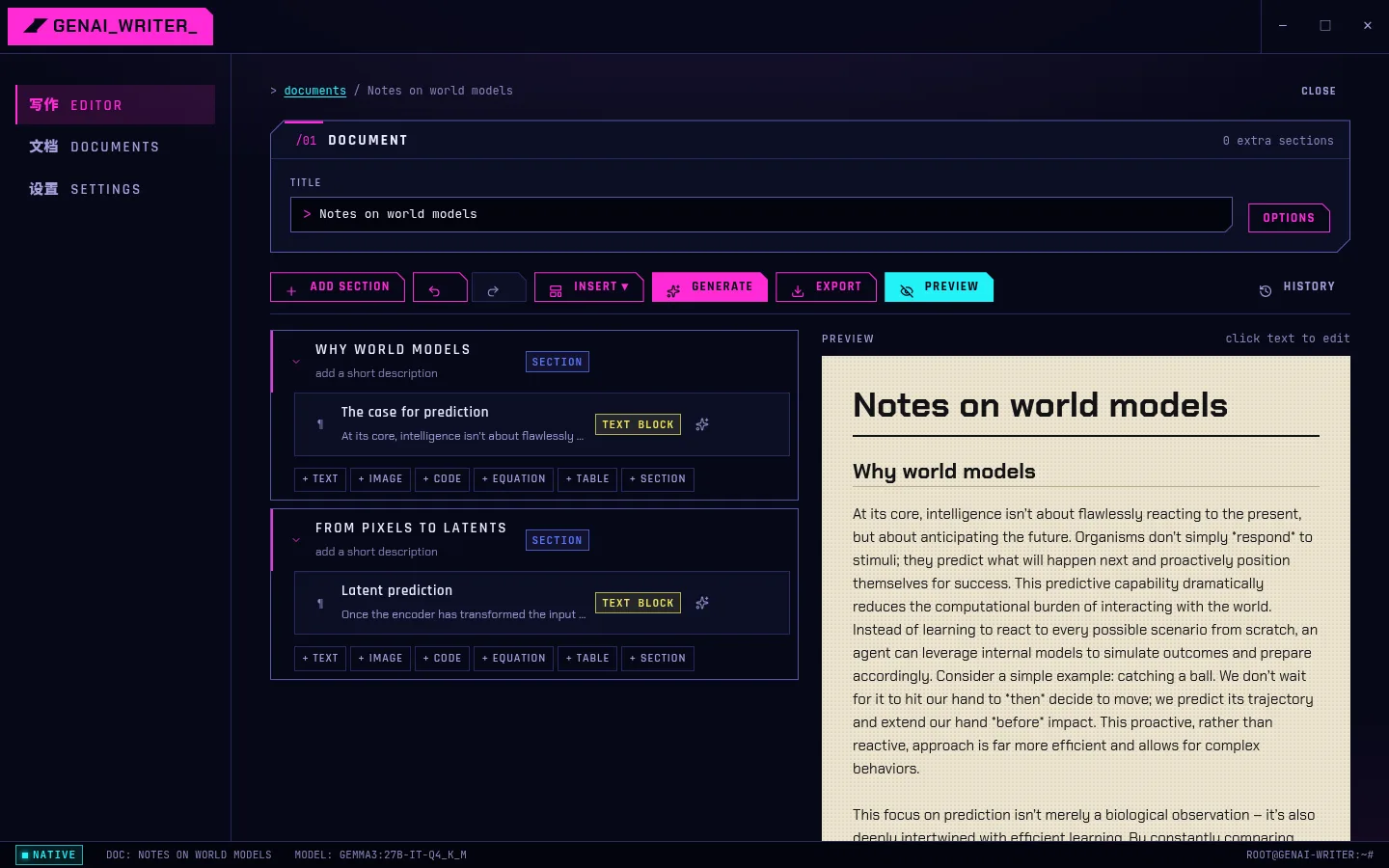 The editor: a content tree of sections and text blocks on the left, and a live preview of the document on cream paper on the right.